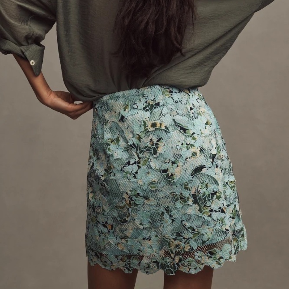 COPY - NWT  By Anthropologie  Blue Printed Embroidered Lace Mini Skirt Large - Picture 3 of 5